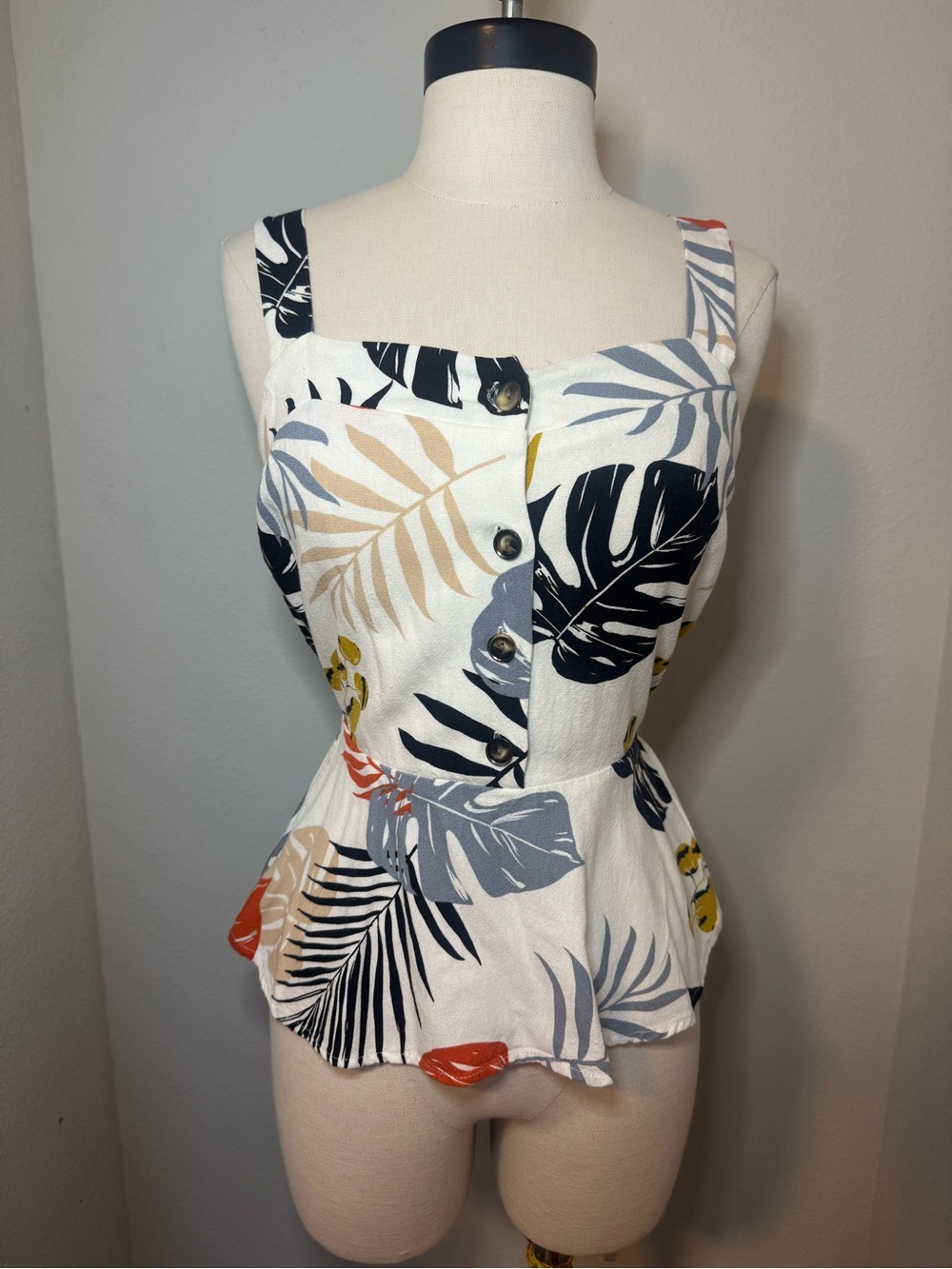 Monteau linen-blend peplum tank top with tropical floral print